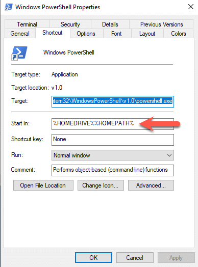Quickly update the default startup location when opening powershell in server 2022